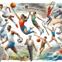 a set of watercolor illustrations of people playing sports